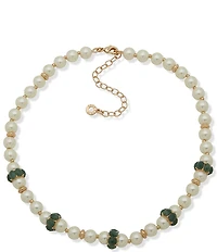 Anne Klein Gold Tone Green Stone Pearl Rondell Collar Necklace