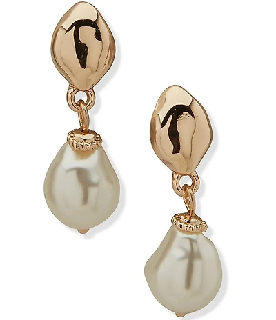Anne Klein Gold Tone Hammered Baroque Pearl Drop Earrings