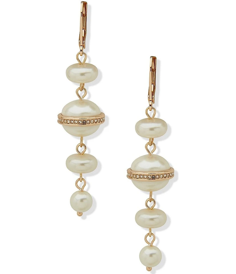 Anne Klein Gold Tone Lentil Pearl Crystal Linear Earrings