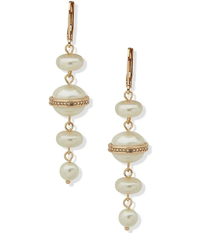 Anne Klein Gold Tone Lentil Pearl Crystal Linear Earrings