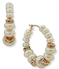 Anne Klein Gold Tone Lentil Pearl Crystal Rondell Hoop Earrings