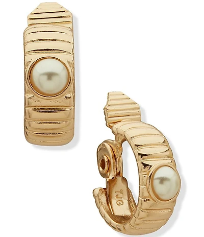 Anne Klein Gold Tone Omega Pearl Hoop Clip Earrings