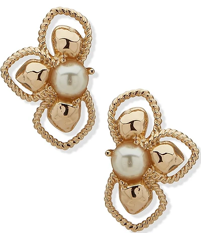 Anne Klein Gold Tone Openwork Hammered Pearl Floral Button Clip Stud Earrings