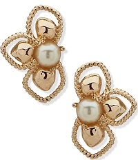 Anne Klein Gold Tone Openwork Hammered Pearl Floral Button Clip Stud Earrings