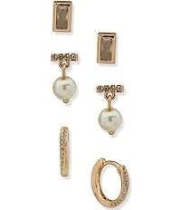 Anne Klein Gold Tone Pearl Baguette Stone Trio Earring Set