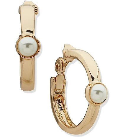 Anne Klein Gold Tone Pearl Clip Hoop Earrings