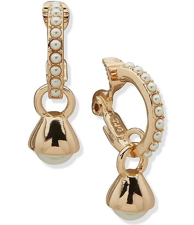 Anne Klein Gold Tone Pearl Clip Huggie Hoop Drop Earrings