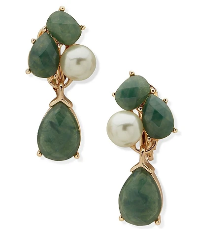 Anne Klein Gold Tone Pearl Stone Cluster Clip Drop Earrings