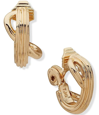 Anne Klein Gold Tone Ribbed Texture Criss Cross Clip C Hoop Earrings
