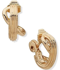 Anne Klein Gold Tone Ribbed Texture Criss Cross Clip C Hoop Earrings