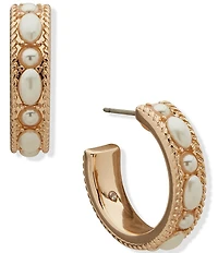Anne Klein Gold Tone Rope Texture Pearl Huggie C Hoop Earrings