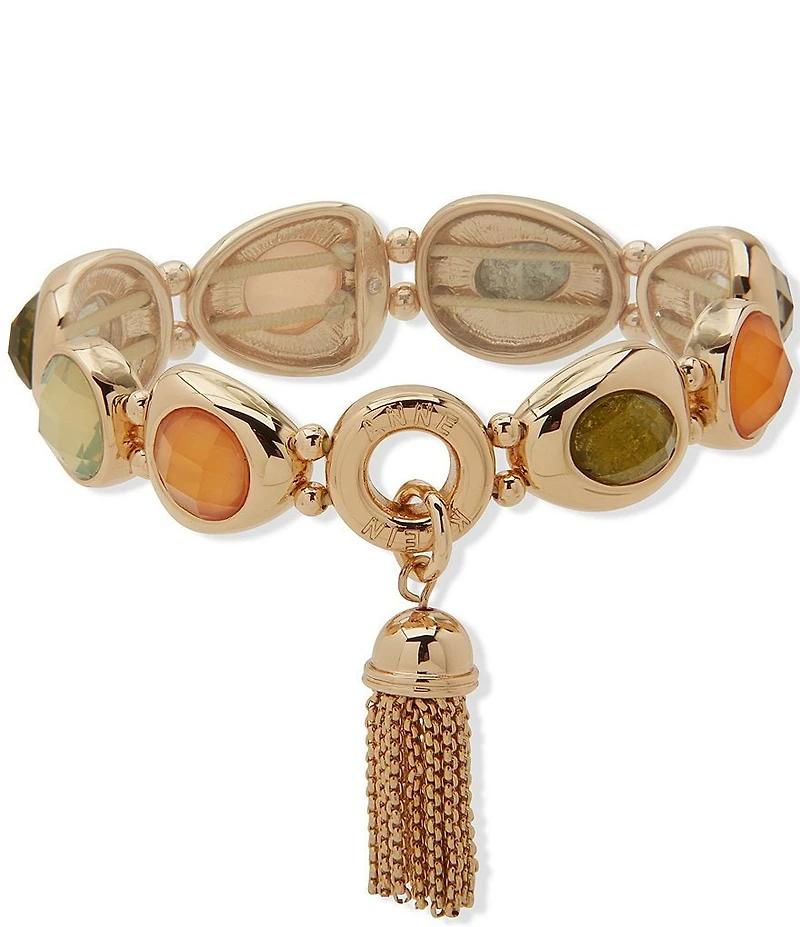 Anne Klein Gold Tone Stone Metal Tassel Stretch Bracelet