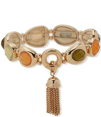 Anne Klein Gold Tone Stone Metal Tassel Stretch Bracelet