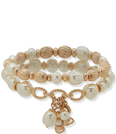 Anne Klein Gold Tone Textured Pearl Floral Charm Stretch Bracelet