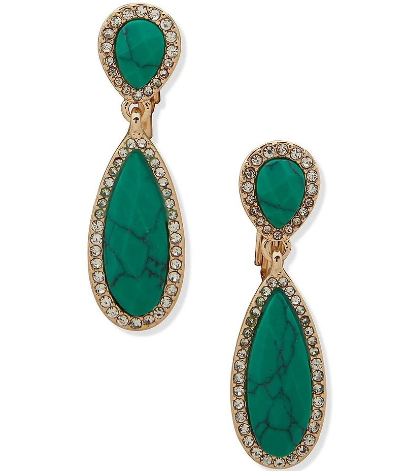 Anne Klein Gold Tone Turquoise Double Stone Linear Clip Earrings