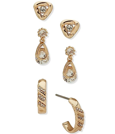 Anne Klein Gold Tone Twisted Stone Trio Earring Set