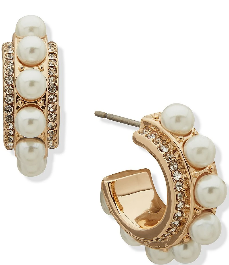 Anne Klein Gold Tone White Pearl C Hoop Earrings