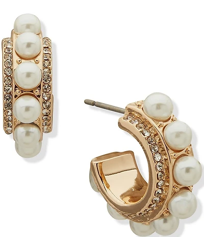 Anne Klein Gold Tone White Pearl C Hoop Earrings