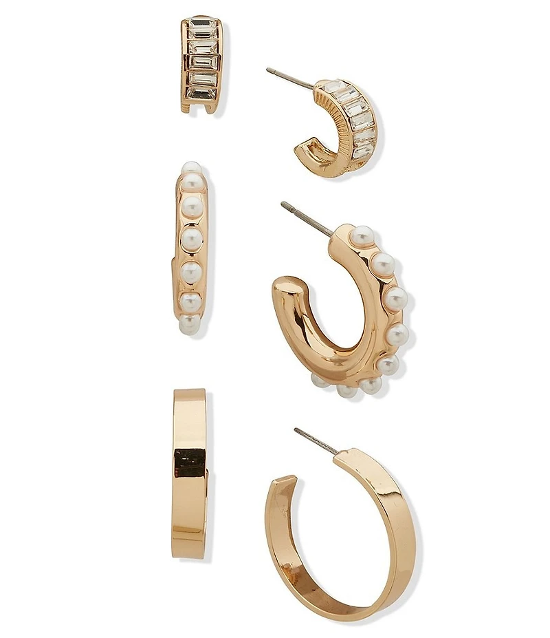 Anne Klein Gold Tone White Pearl Crystal Baguette Trio Hoop Earring Set