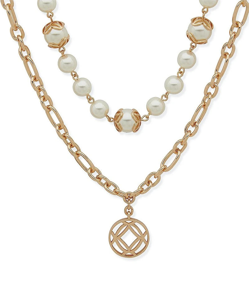 Anne Klein Gold Tone White Pearl Double Row Short Pendant Necklace
