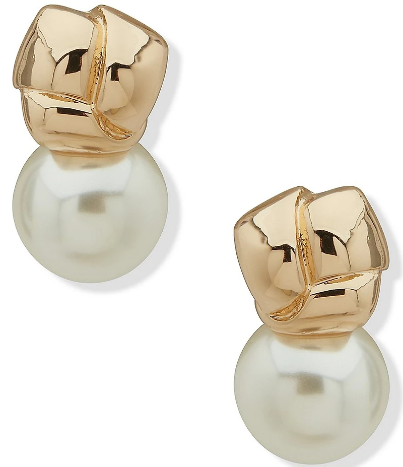 Anne Klein Gold Tone White Pearl Knot Stud Earrings