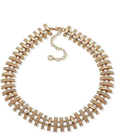 Anne Klein Gold Tone White Pearl Open Bar Statement Necklace