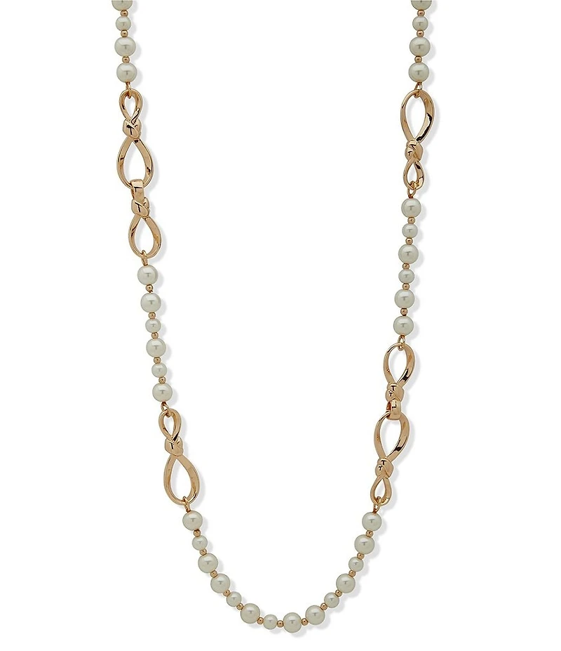 Anne Klein Gold Tone White Pearl Twisted Knot Long Strand Necklace