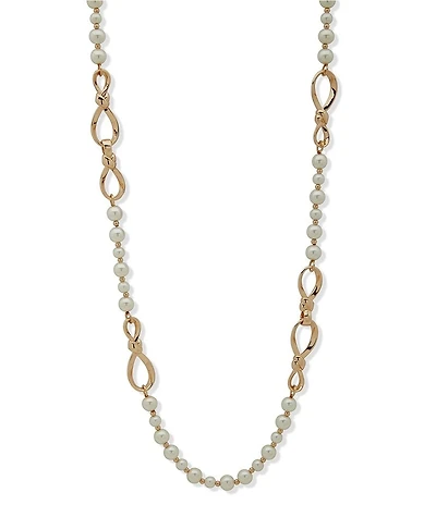 Anne Klein Gold Tone White Pearl Twisted Knot Long Strand Necklace