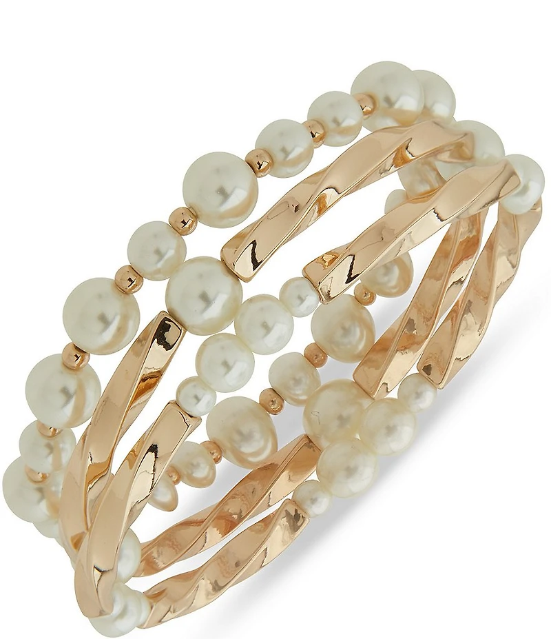 Anne Klein Gold Tone White Pearl Twisted Rope Stretch Bracelet Set