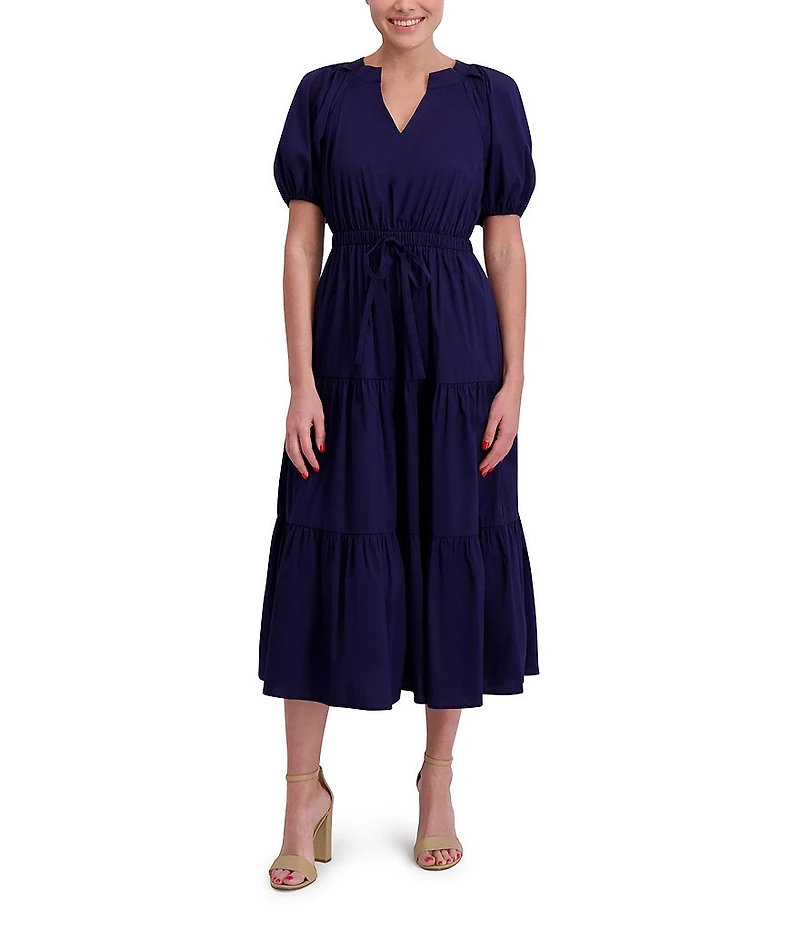 Anne Klein Poplin V-Neck Short Puff Sleeve Waist Tie Blouson Midi Dress