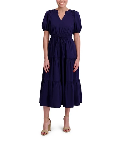 Anne Klein Poplin V-Neck Short Puff Sleeve Waist Tie Blouson Midi Dress
