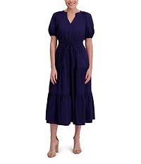 Anne Klein Poplin V-Neck Short Puff Sleeve Waist Tie Blouson Midi Dress