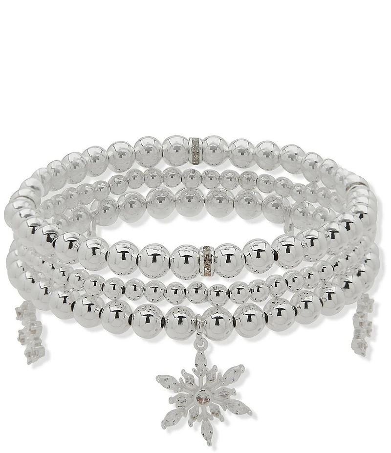 Anne Klein Silver Tone 3 Row Snowflake Stretch Bracelet