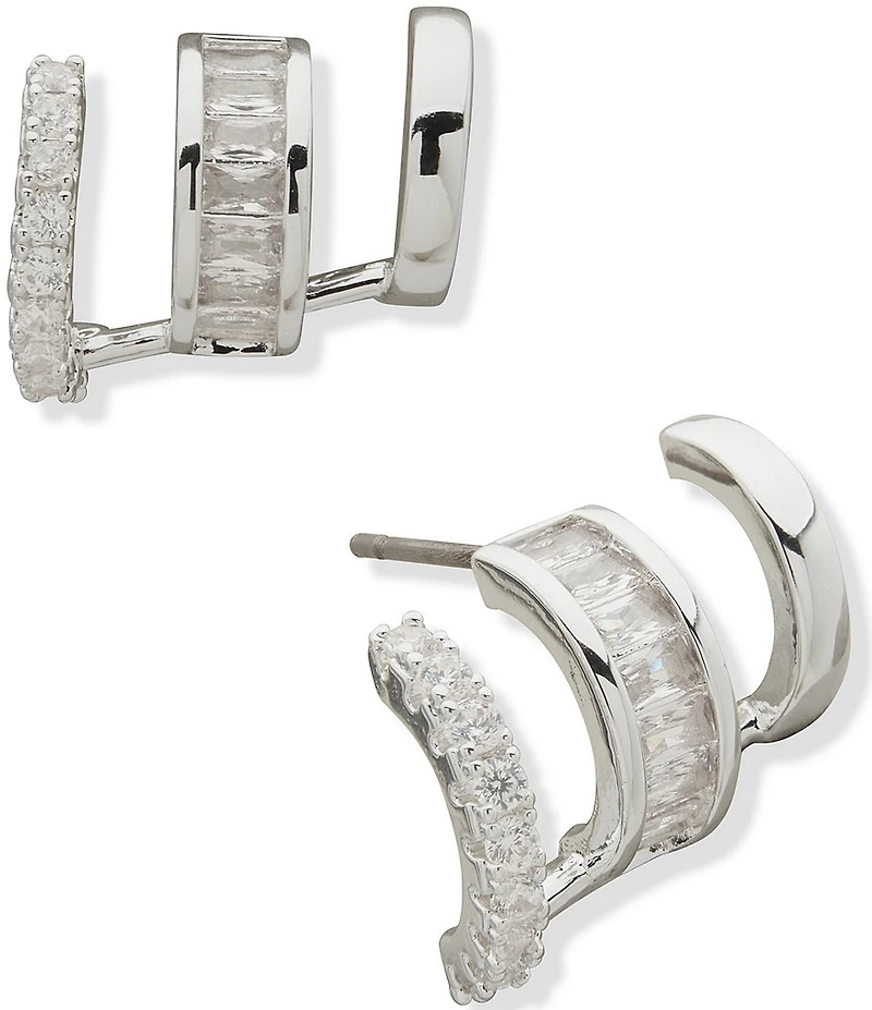 Anne Klein Silver Tone Baguette Rounded Stone Crawler Hoop Earrings