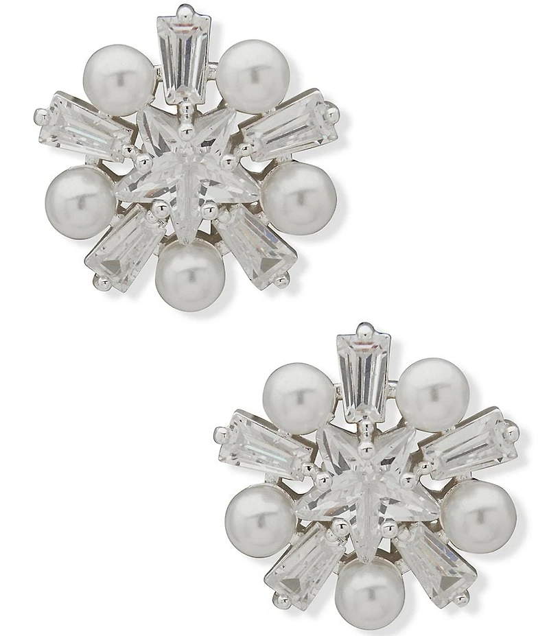 Anne Klein Silver Tone Floral Stone Stud Earrings