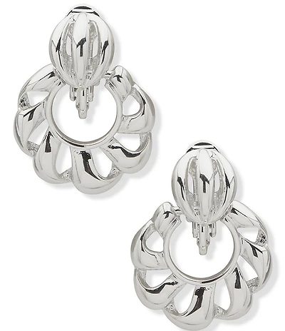 Anne Klein Silver Tone Openwork Doorknocker Clip Drop Earrings