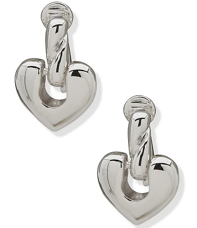 Anne Klein Silver Tone Puffy Heart Rope Clip Drop Earrings