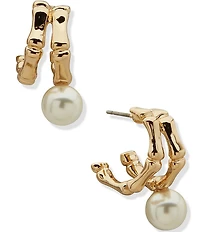 Anne Klein Two Row Pearl Drop Bamboo Huggie Hoop Earrings