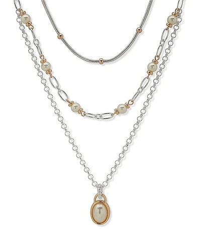 Anne Klein Two Tone Chain Multi Row Pearl Pendant Short Multi-Strand Necklace