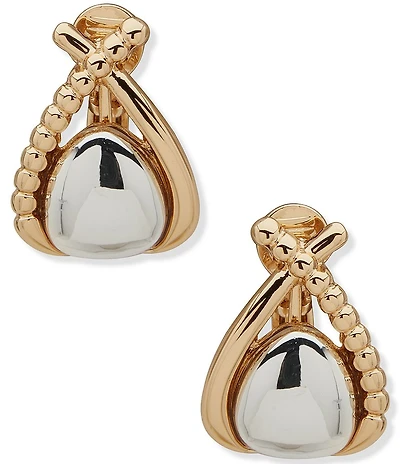 Anne Klein Two Tone Dimensional Button Clip Drop Earrings