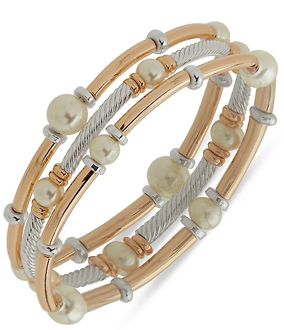 Anne Klein Two Tone Metal Pearl Stretch Bracelet Set
