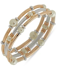 Anne Klein Two Tone Metal Pearl Stretch Bracelet Set