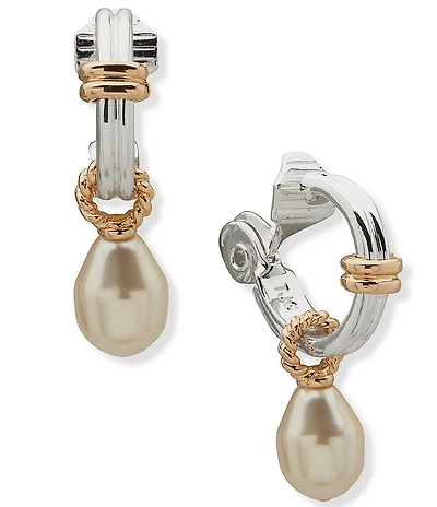 Anne Klein Two Tone Pearl Huggie Drop Clip Earrings