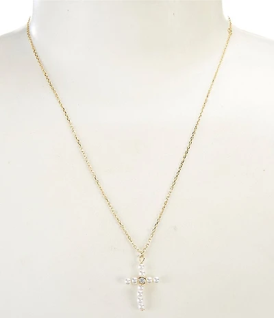Argento Vivo Long Pearl Cross Short Pendant Necklace