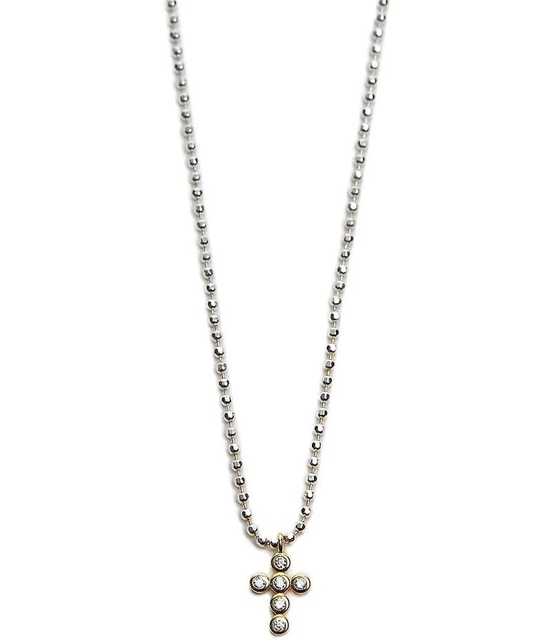 Argento Vivo Two Tone CZ Cross Ball Beaded Short Pendant Necklace