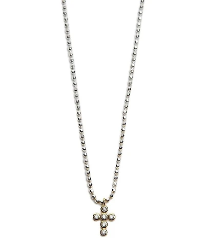 Argento Vivo Two Tone CZ Cross Ball Beaded Short Pendant Necklace