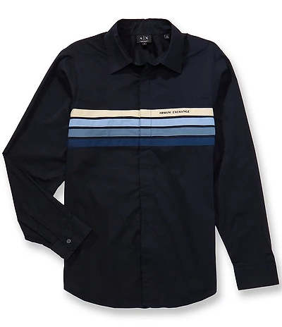 Armani Exchange Block Stripe Poplin Long Sleeve Woven Shirt