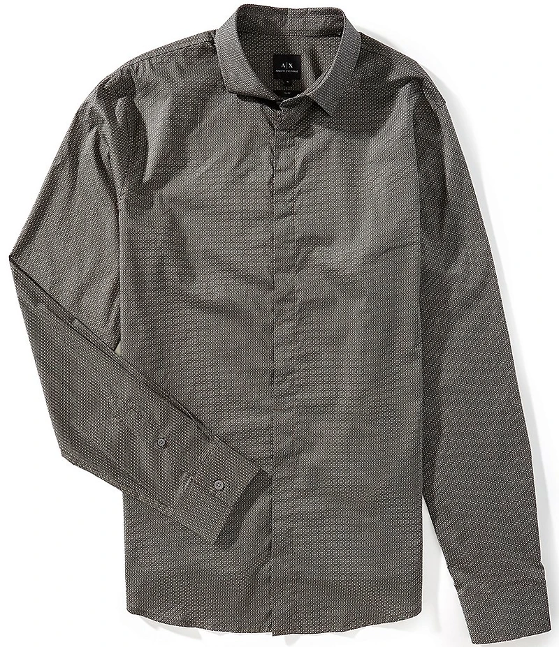 Armani Exchange Poplin Micro Print Long Sleeve Woven Shirt