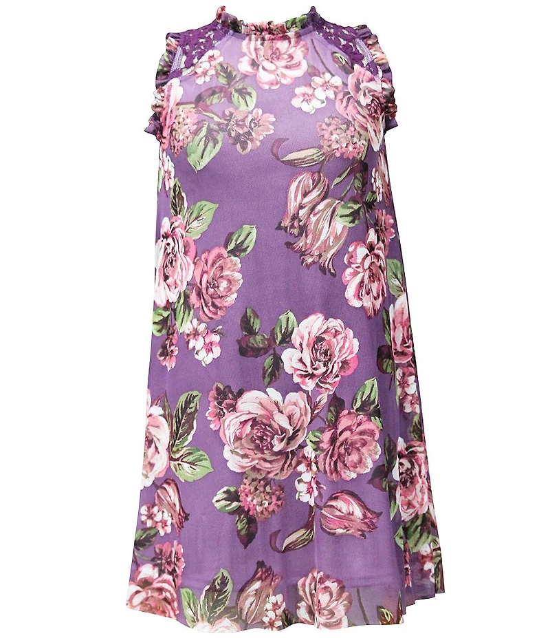 Ava & Yelly Big Girls Floral Print Ruffle Mock Neck Sleeveless Mesh Trapeze Dress