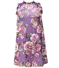 Ava & Yelly Big Girls Floral Print Ruffle Mock Neck Sleeveless Mesh Trapeze Dress